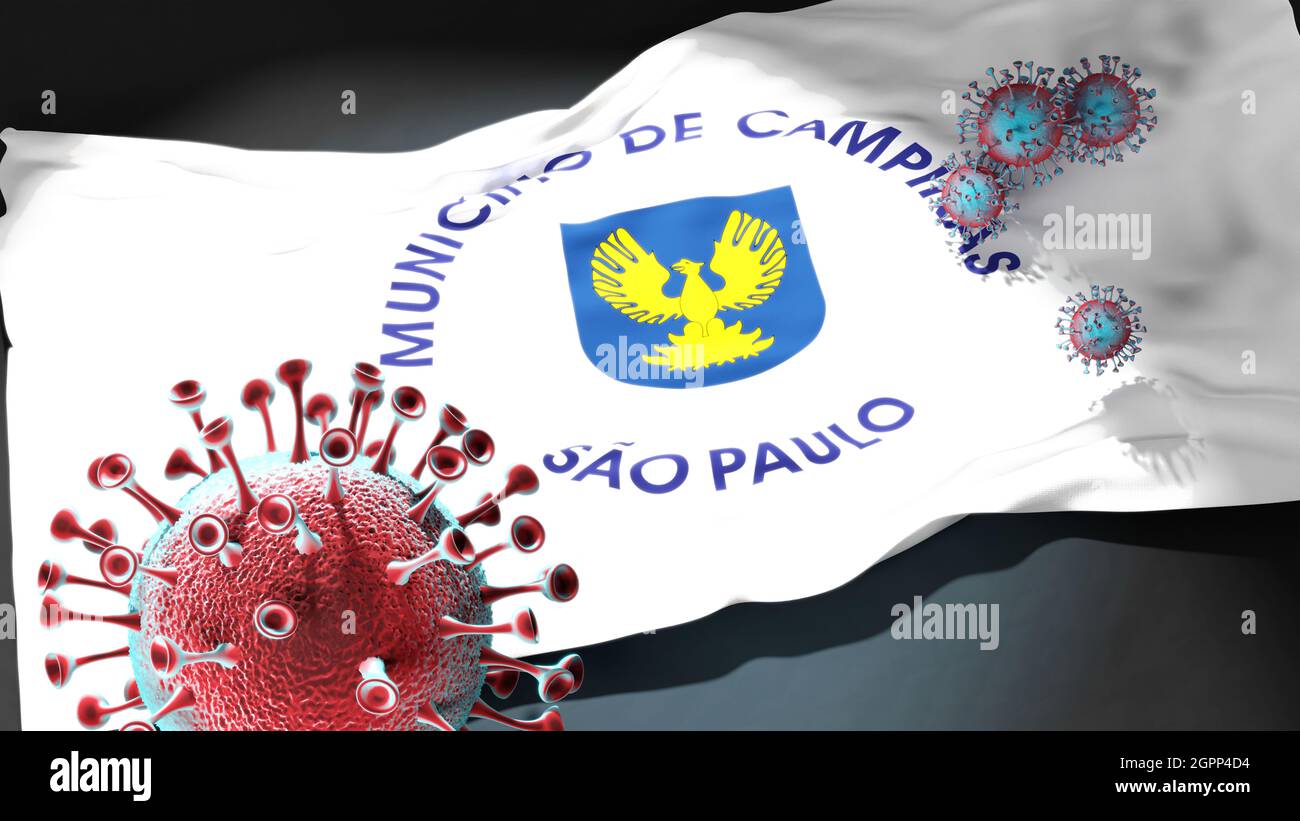 Covid in Campinas - coronavirus attacking a city flag of Campinas as a symbol of a fight and struggle with the virus pandemic in this city, 3d illustr Stock Photo