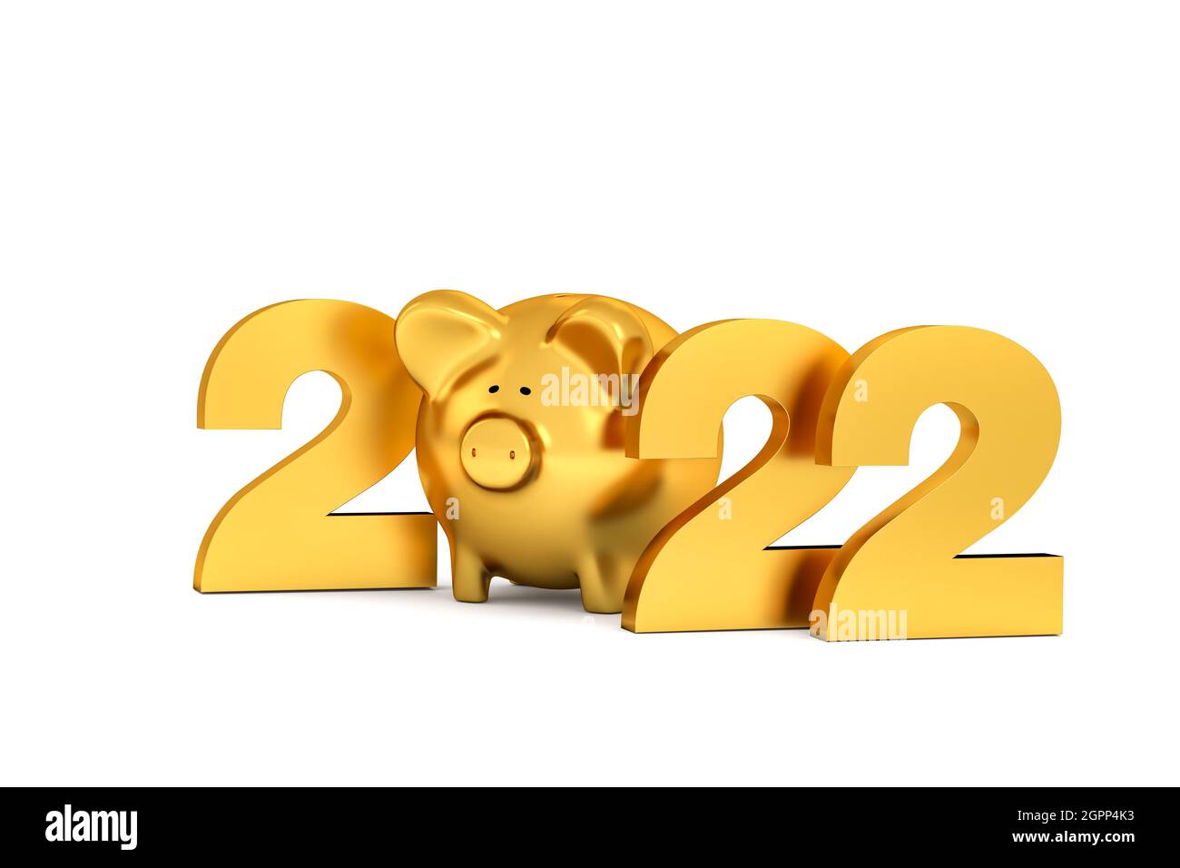 Happy New Year 2022 concept: Golden letters 2*22 and a piggybank inbetween. Isolated on white. Stock Photo
