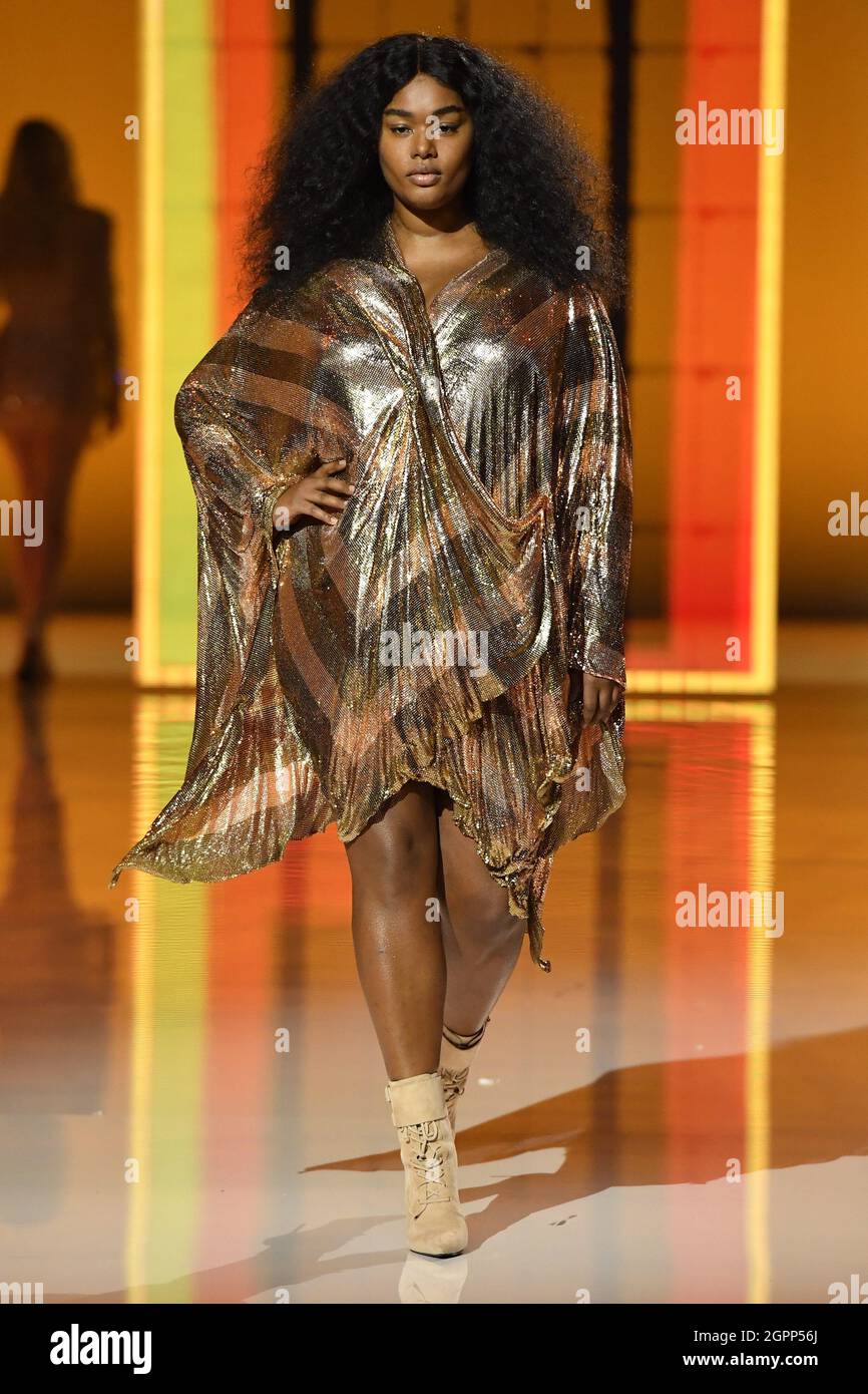 Model Precious Lee walks on the runway at the Balmain show during Spring/Summer 2022 Collections Fashion Show at Paris Fashion Week in Paris, on Sept. (Photo by Jonas