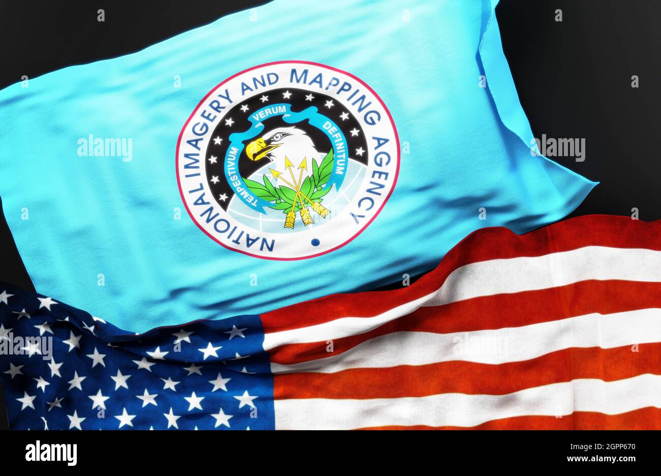 Flag of the United States National Imagery and Mapping Agency along with a flag of the United States of America as a symbol of a connection between th Stock Photo
