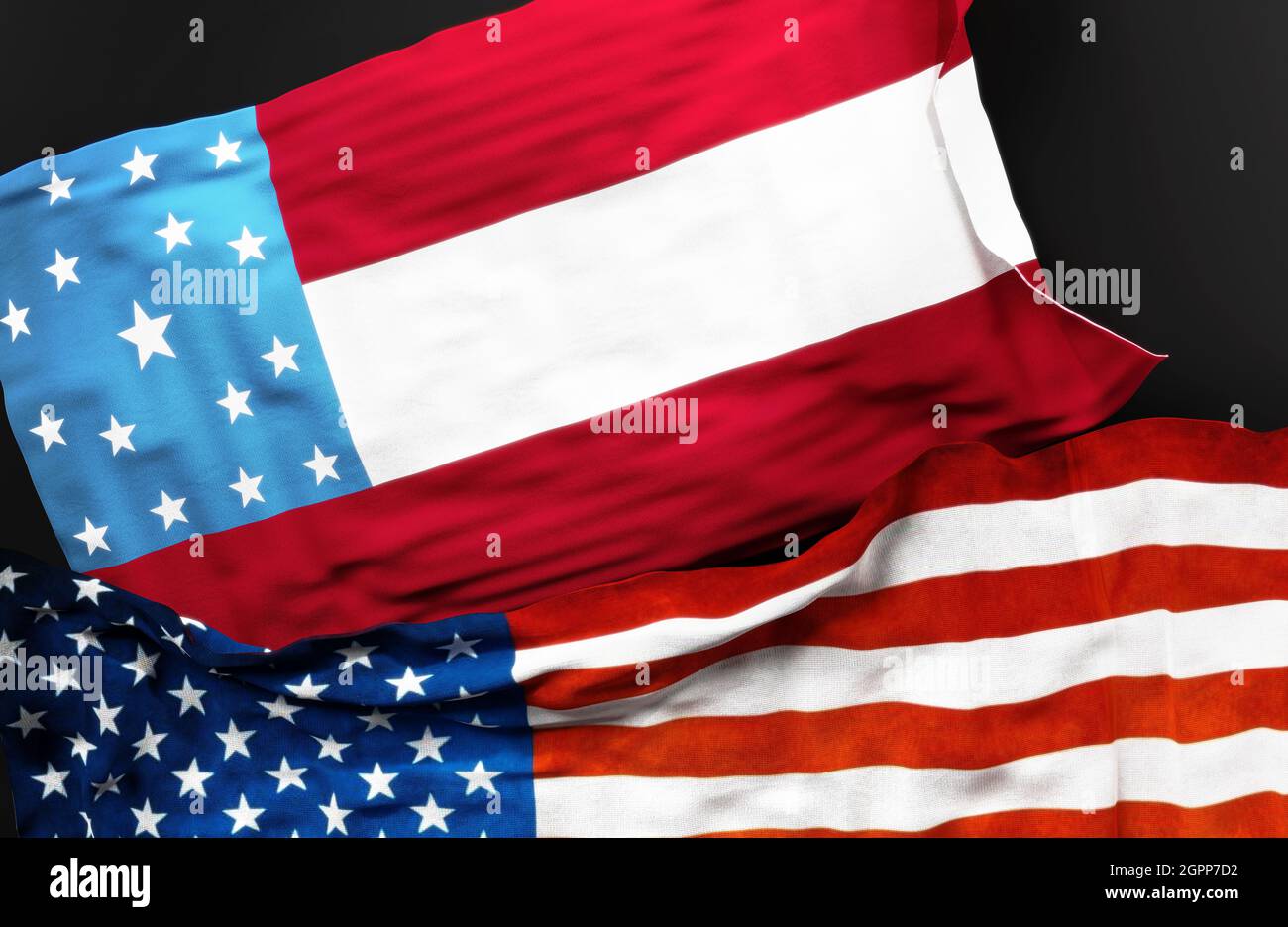 Flag of JP Gillis along with a flag of the United States of America as a symbol of unity between them, 3d illustration Stock Photo