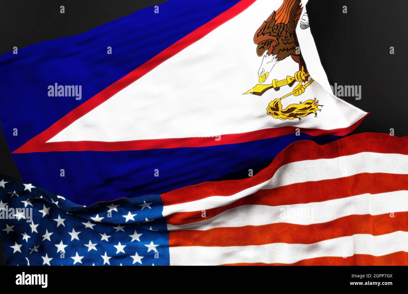 Flag of American Samoa along with a flag of the United States of America as a symbol of unity between them, 3d illustration Stock Photo