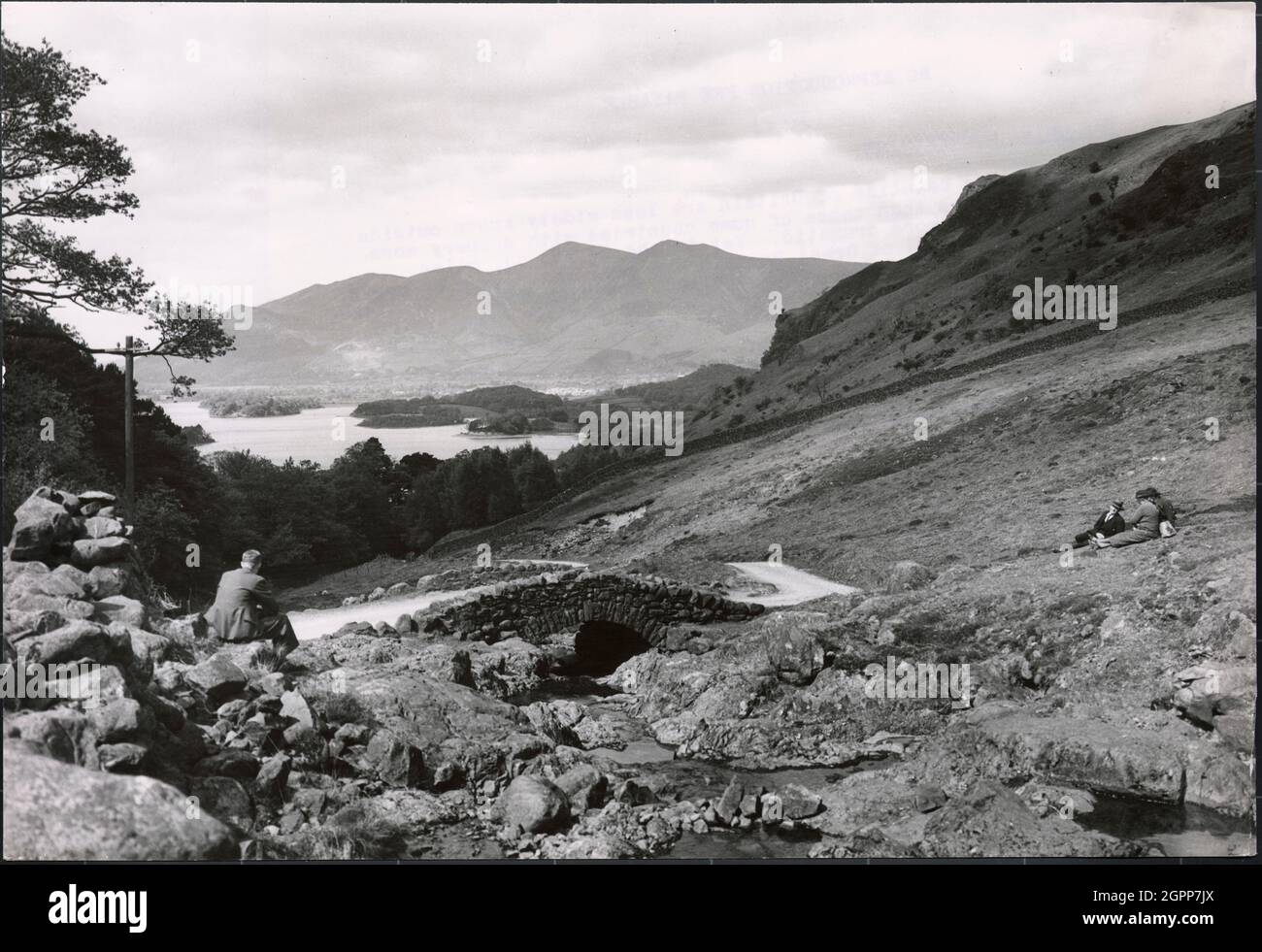 Ashness Bridge, Borrowdale, Allerdale, Cumbria, 1930s. The view towards Derwent Water and Skiddaw from Ashness Bridge. Stock Photo