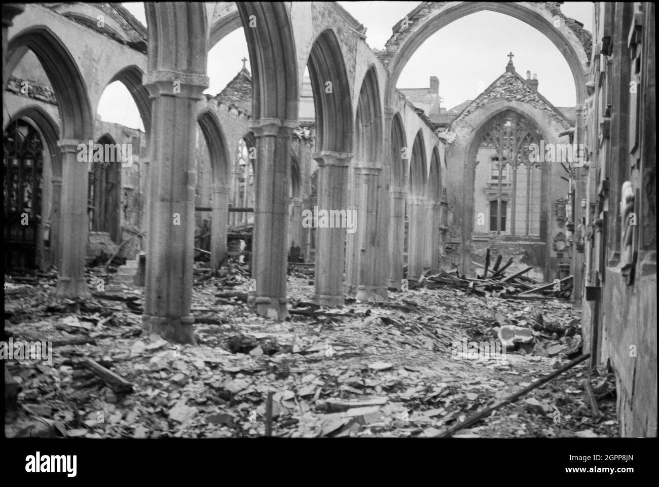 St Andrew's Church, Catherine Street, Plymouth, 1941. Interior view of the south aisle of St Andrew's Church, showing bomb damage. Stock Photo
