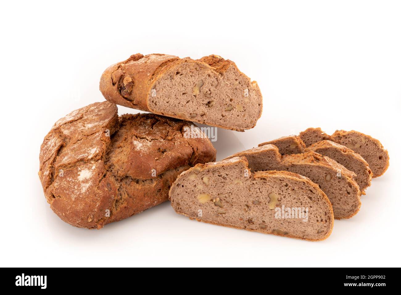 Buckwheat bread kneaded with walnuts,a whole loaf with another sliced