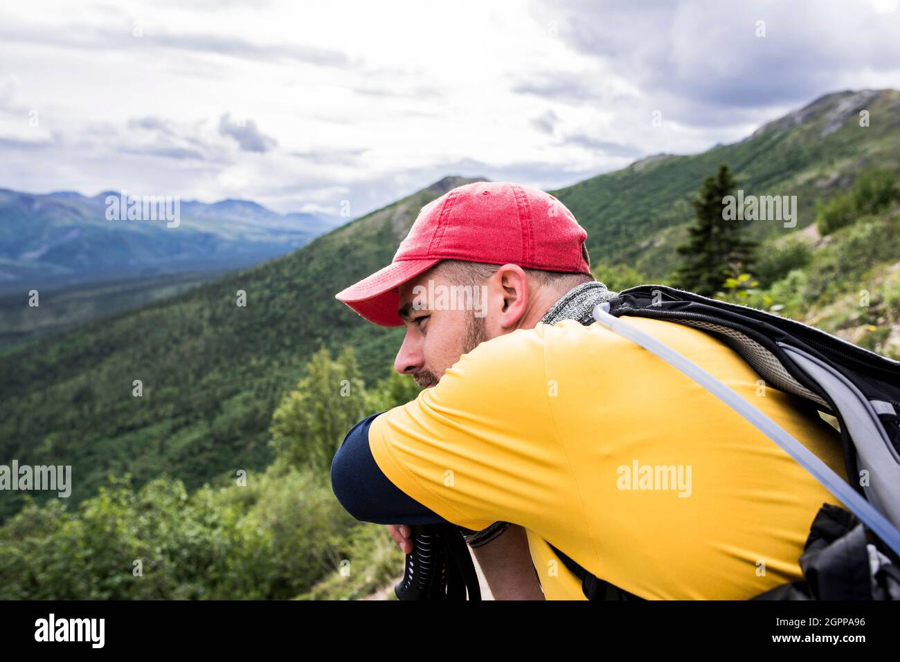 USA, Alaska, Hiker looking at view in Denali National Park Stock Photo
