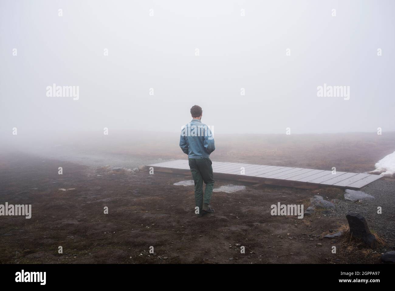 USA, Alaska, Rear view of man in foggy landscape in Kenai Fjords National Park Stock Photo