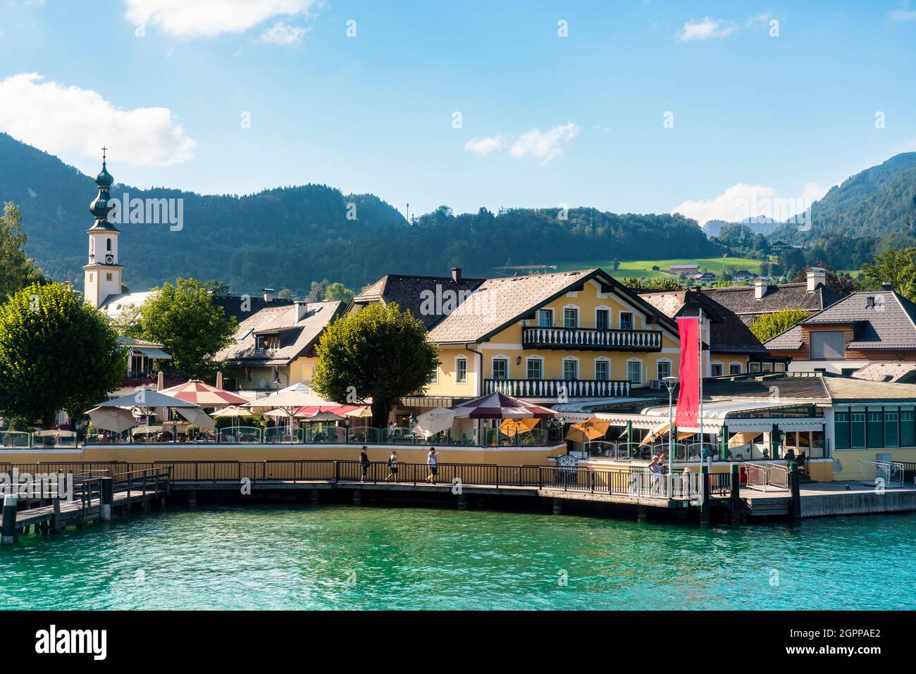 Austria, St. Gilgen, Town buildings and Wolfgangsee Stock Photo