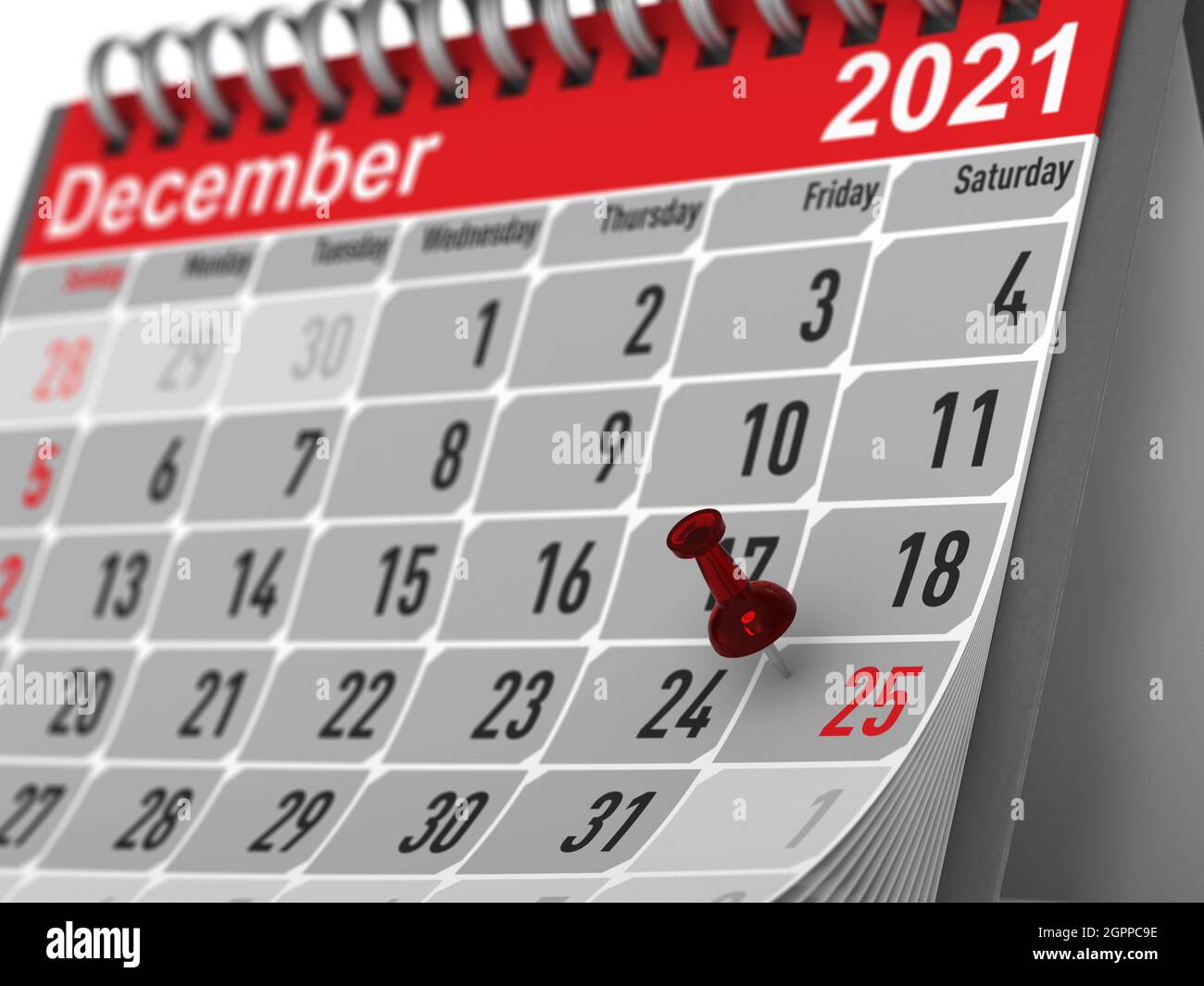 red pin marking christmas day on calendar on white background. Isolated 3D illustration Stock Photo