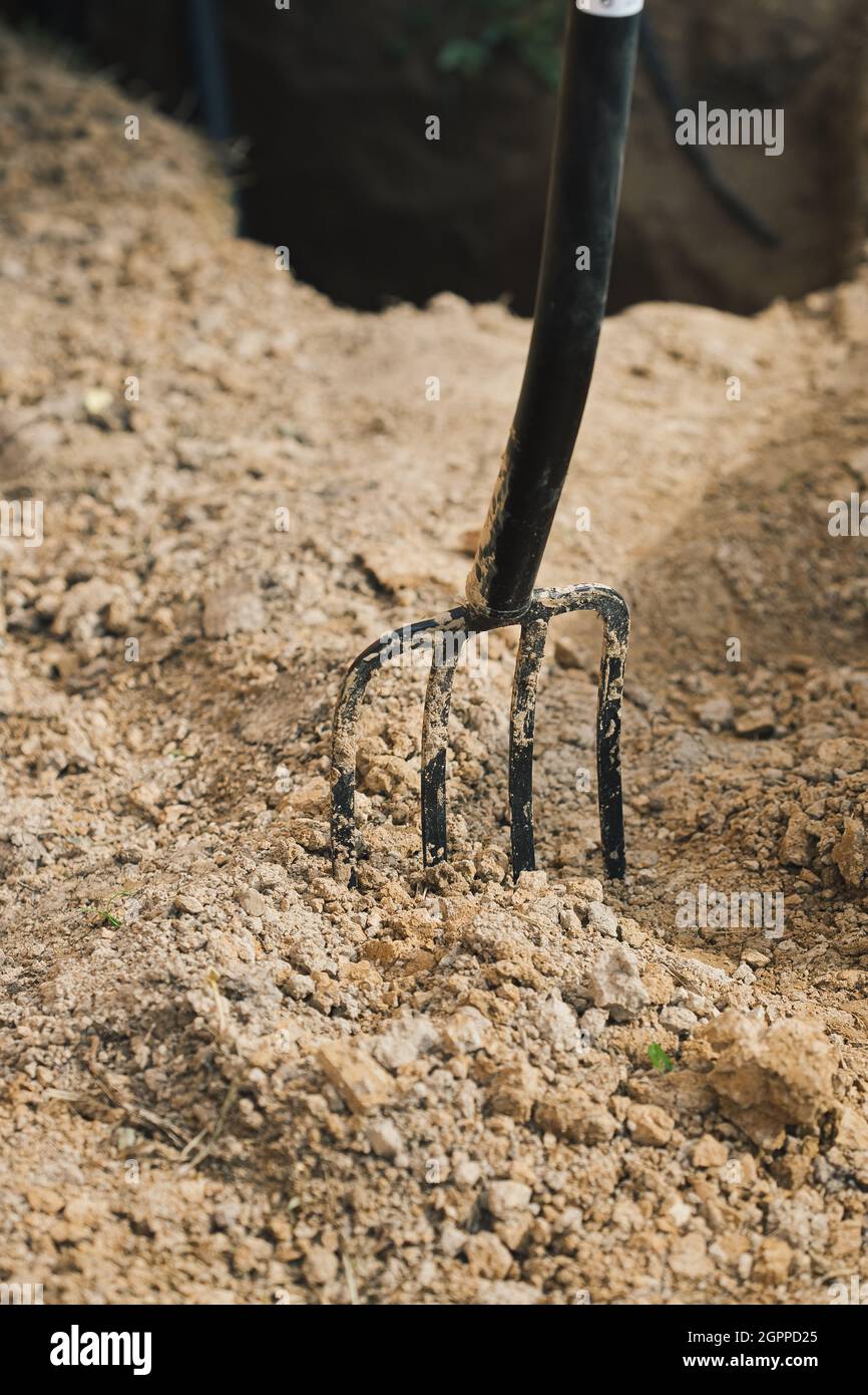 Garden forks stuck in dry clay soil at their summer cottage Stock Photo