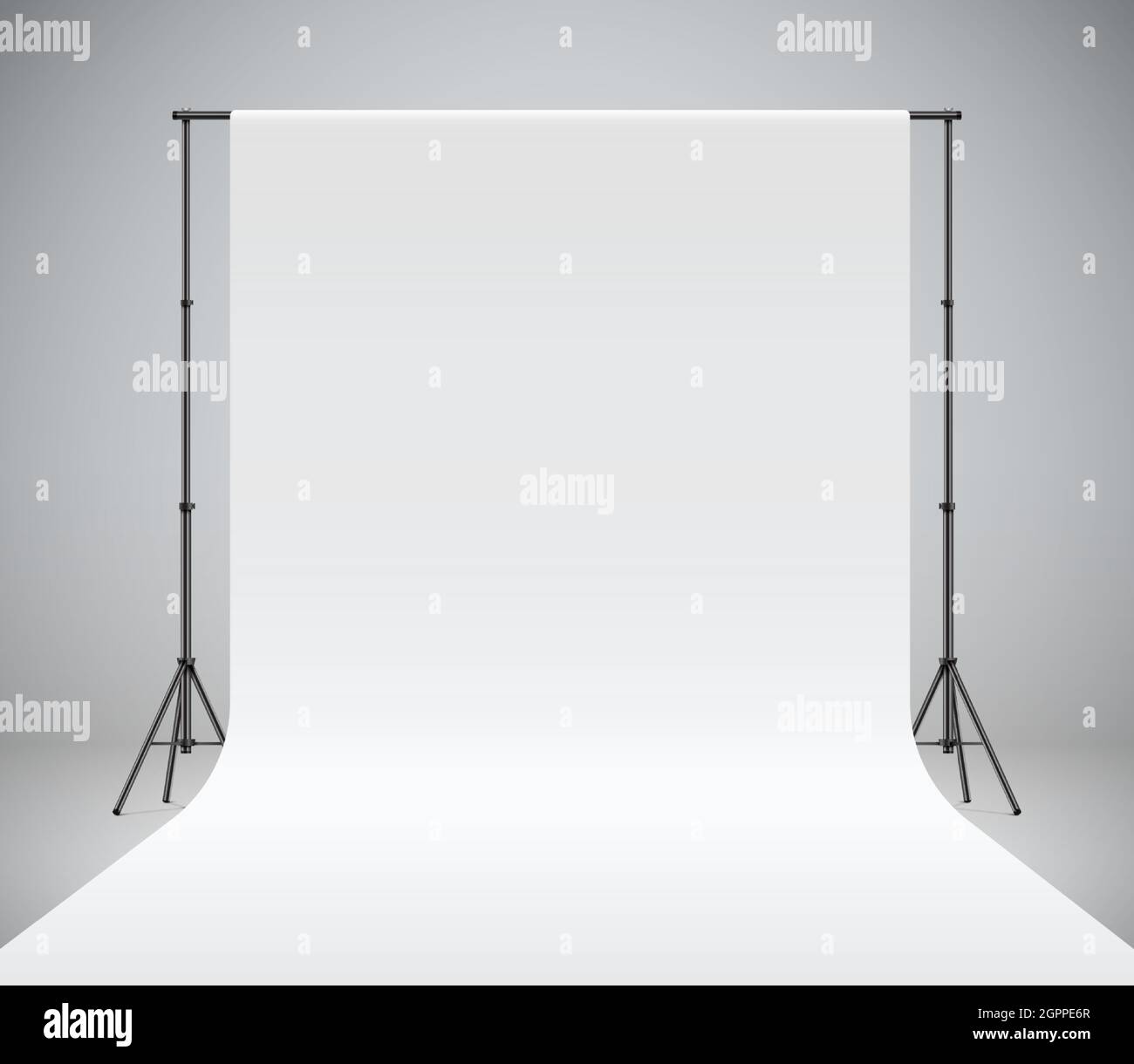 White photo studio backdrop, realistic vector illustration. Photography polyester background hanging on black stands. Professional photo shooting setup standing on a grey background. Stock Vector