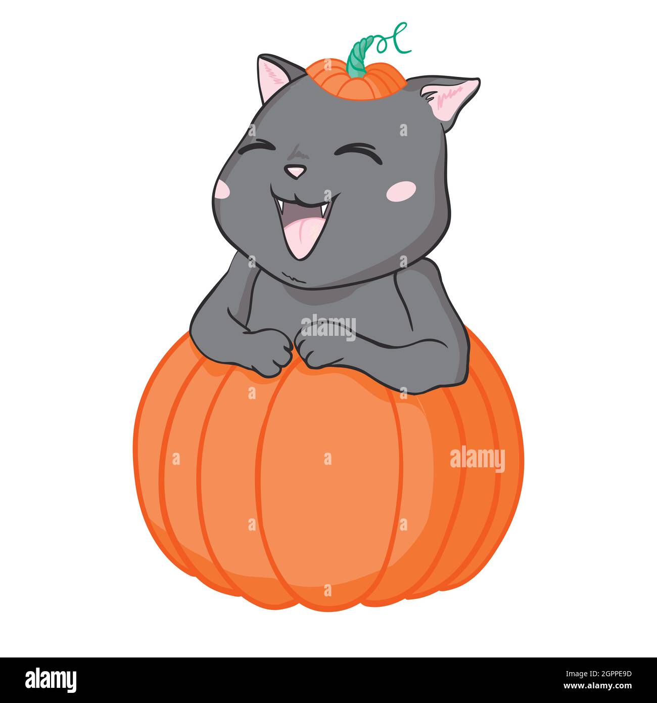Black cat in a Halloween pumpkin and ghost. Background is separate ...