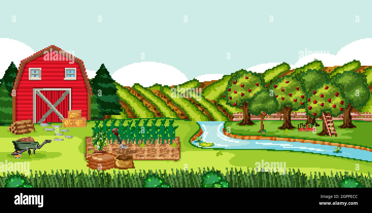 Farm scene with red barn in field landscape Stock Vector Image & Art ...