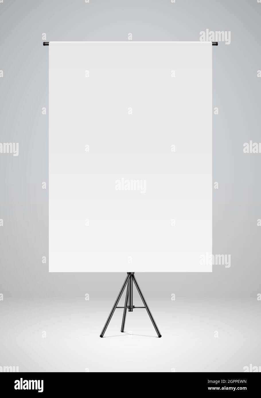 Blank white paper hanging on a black stand. Photo studio backdrop, realistic vector illustration. Flip chart paper mockup background. Stock Vector