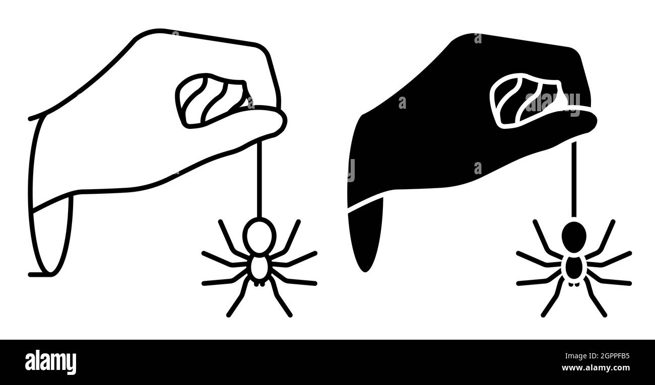 Linear icon. Hand of sorceress holds huge spider on web. Halloween ...