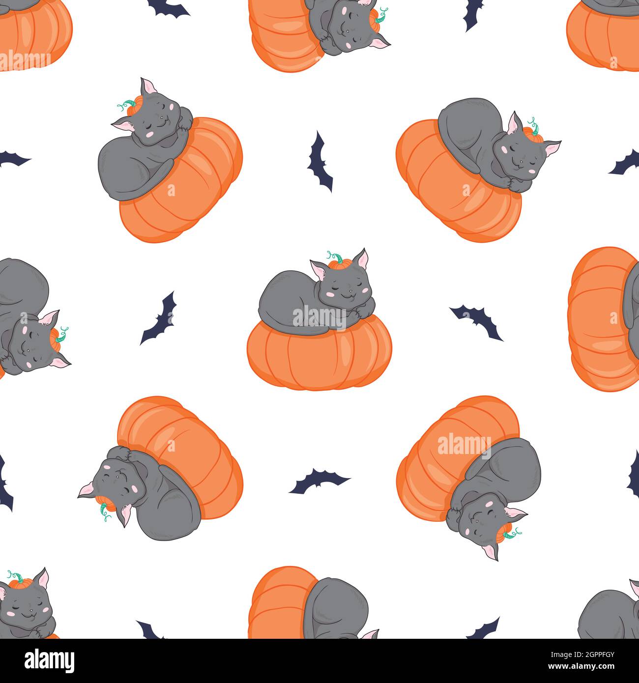 Cat and Pumpkin seamless pattern retro Halloween theme. Vector ...