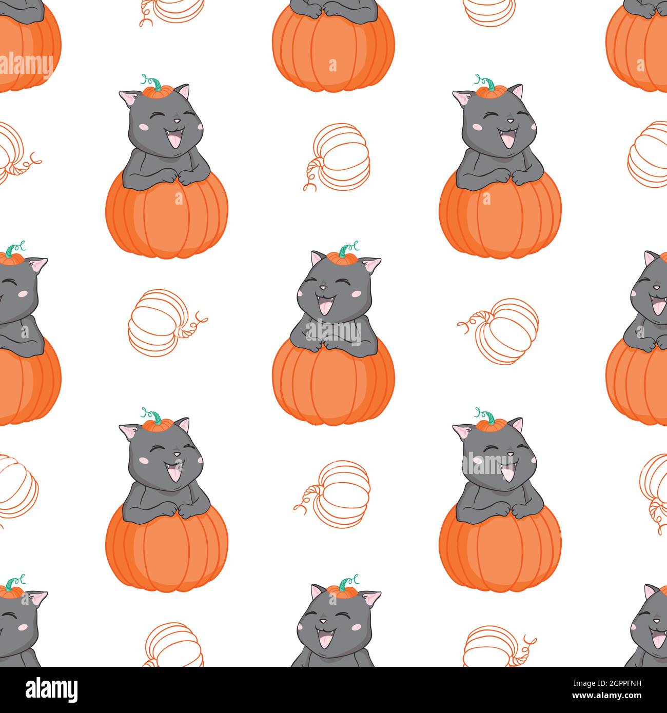 Cat and Pumpkin seamless pattern retro Halloween theme. Vector ...