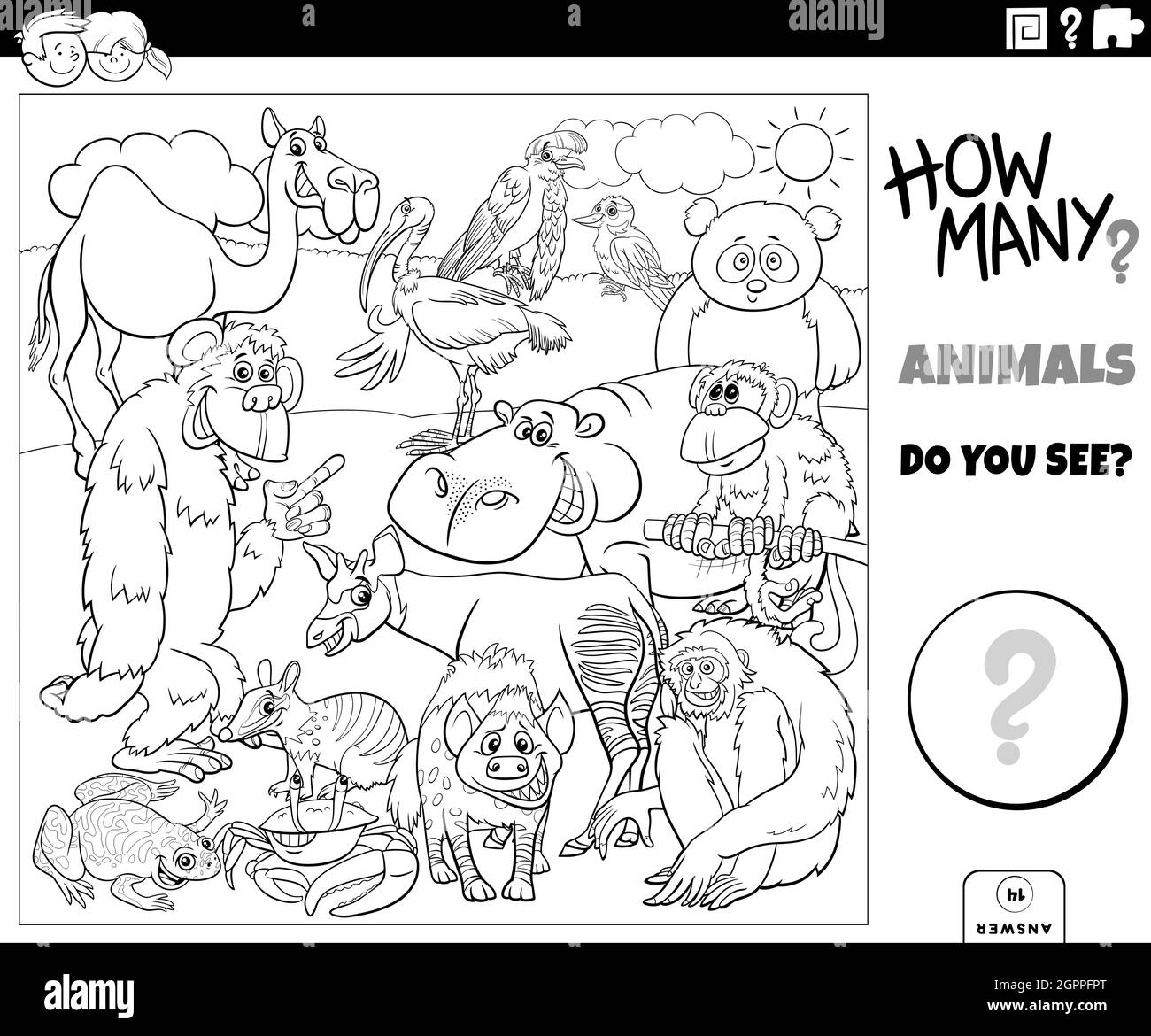 counting animals educational task for kids coloring book page Stock Vector
