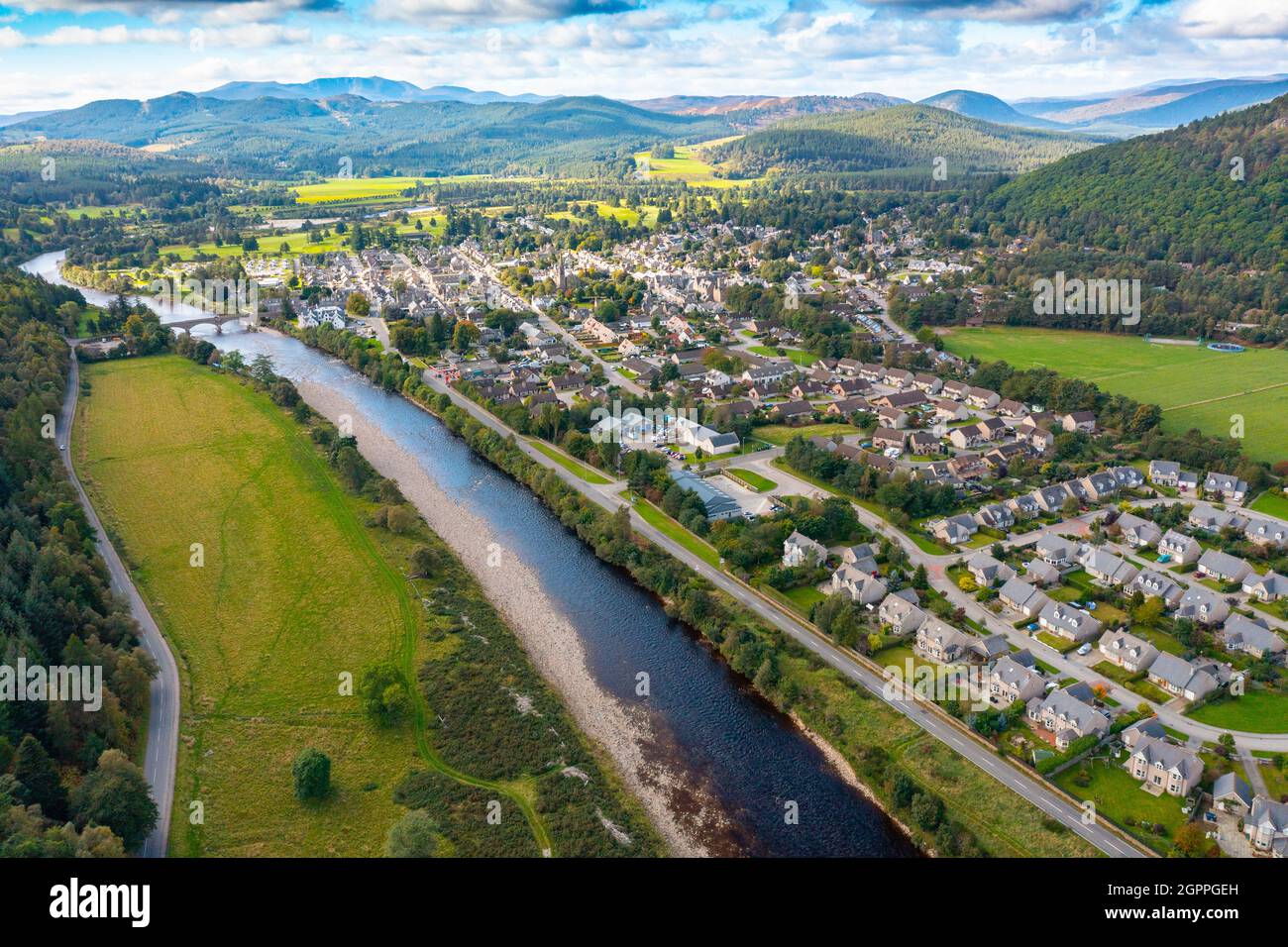 Aerial view from drone of village of Ballater on River Dee on Deeside