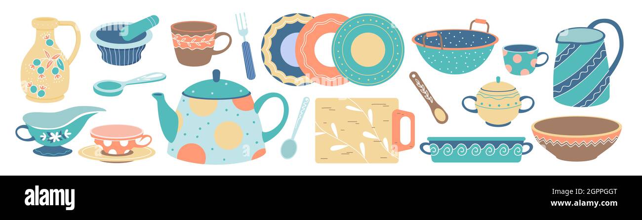 Cartoon fork tools and cup, dish bowl, plate with cute pattern for family dinner. Vintage kitchenware, cutlery to cook food in home kitchen vector Stock Vector