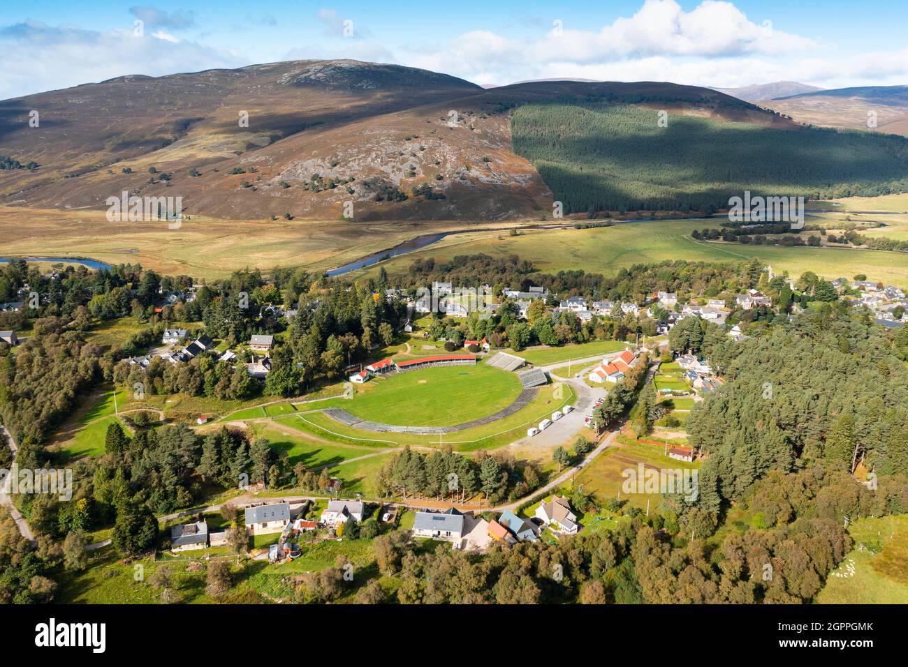 Aerial view from drone of village of Braemar in Cairngorms National Park, on Royal Deeside, Aberdeenshire, Scotland, UK Stock Photo