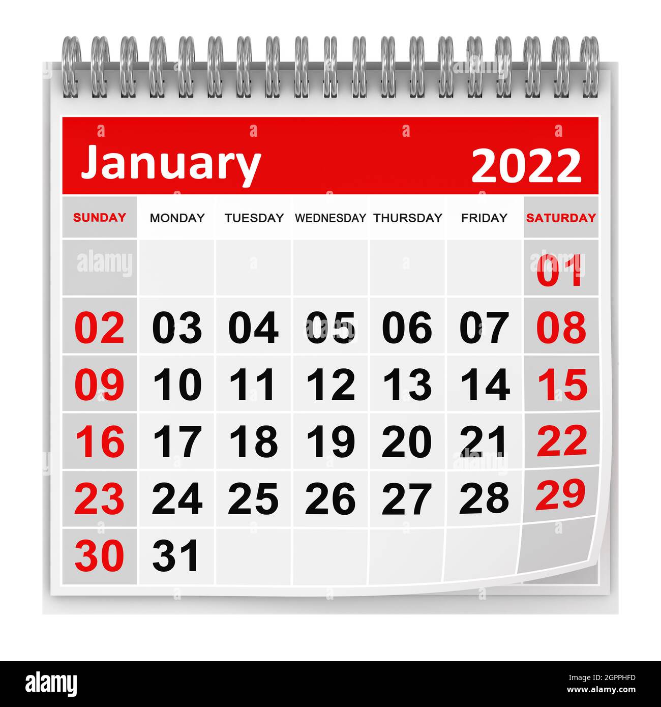 Calendar - January 2022 , This is a 3d rendered computer generated image. Isolated on white. Stock Photo