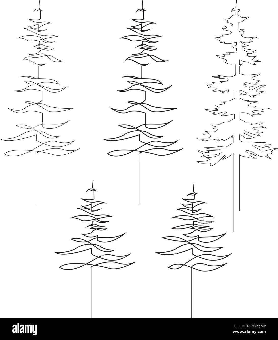 Continuous line drawing of pine. Fir-tree collection. Black isolated on white background. Hand drawn christmas tree set. Vector illustration Stock Vector