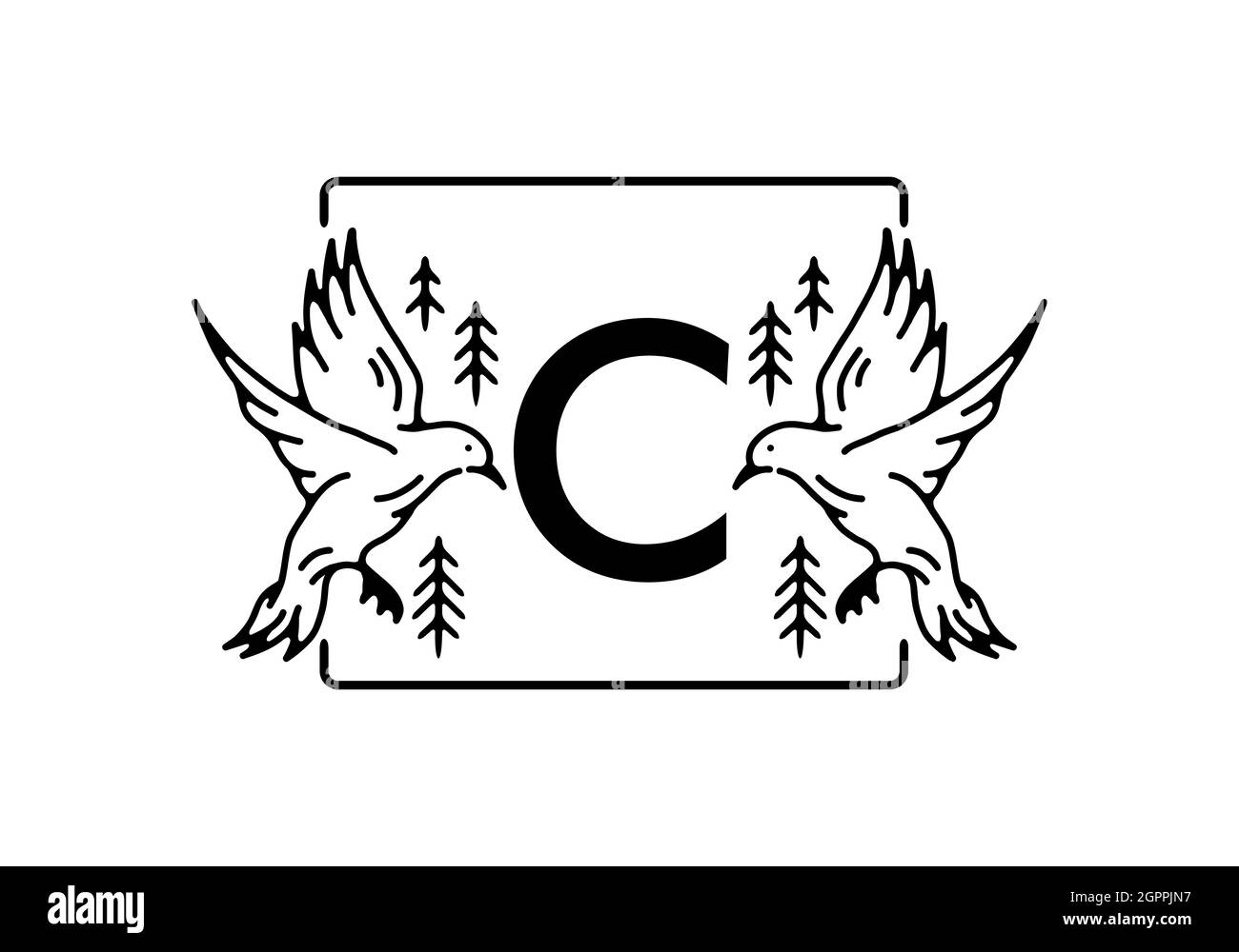 Black color of bird line art with C initial letter design Stock Vector ...