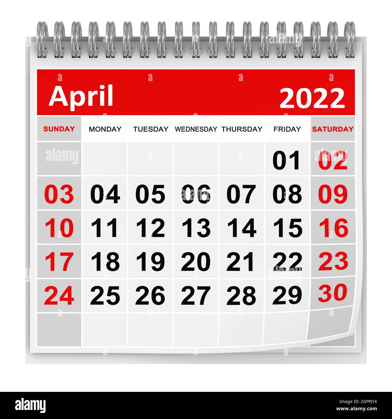 Calendar - April 2022 , This is a 3d rendered computer generated image. Isolated on white. Stock Photo