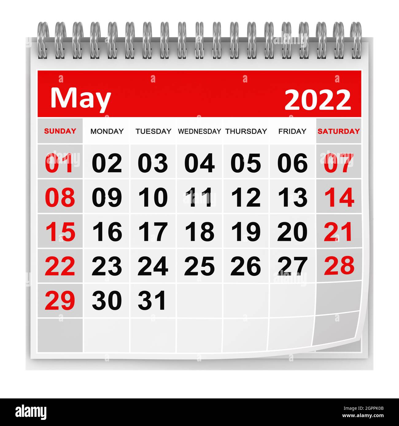 Calendar - May 2022 , This is a 3d rendered computer generated image. Isolated on white. Stock Photo