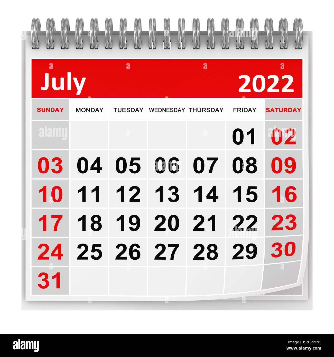 Calendar - July 2022 , This is a 3d rendered computer generated image. Isolated on white. Stock Photo