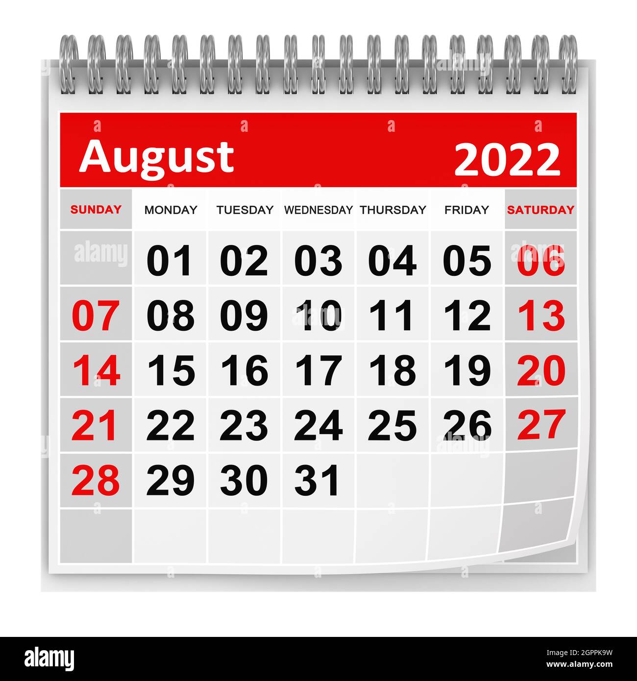 Calendar - August 2022 , This is a 3d rendered computer generated image. Isolated on white. Stock Photo