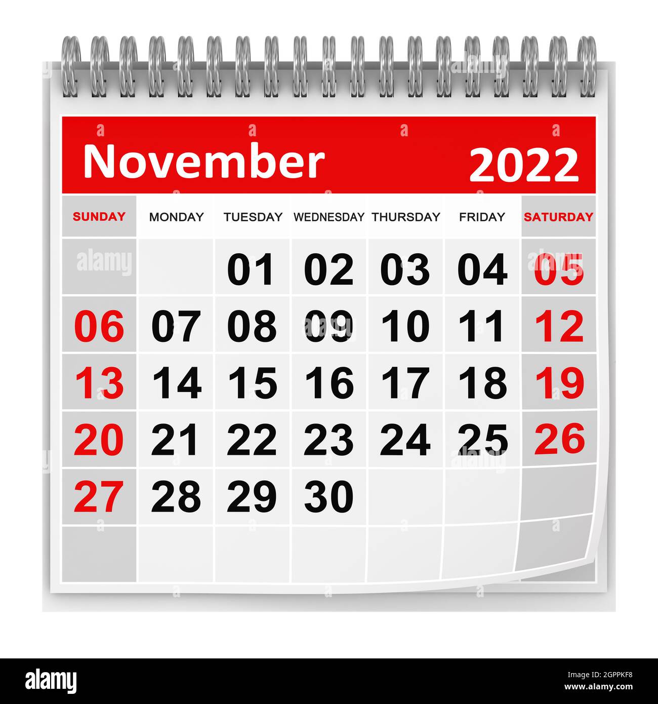 Calendar - November 2022 , This is a 3d rendered computer generated image. Isolated on white. Stock Photo