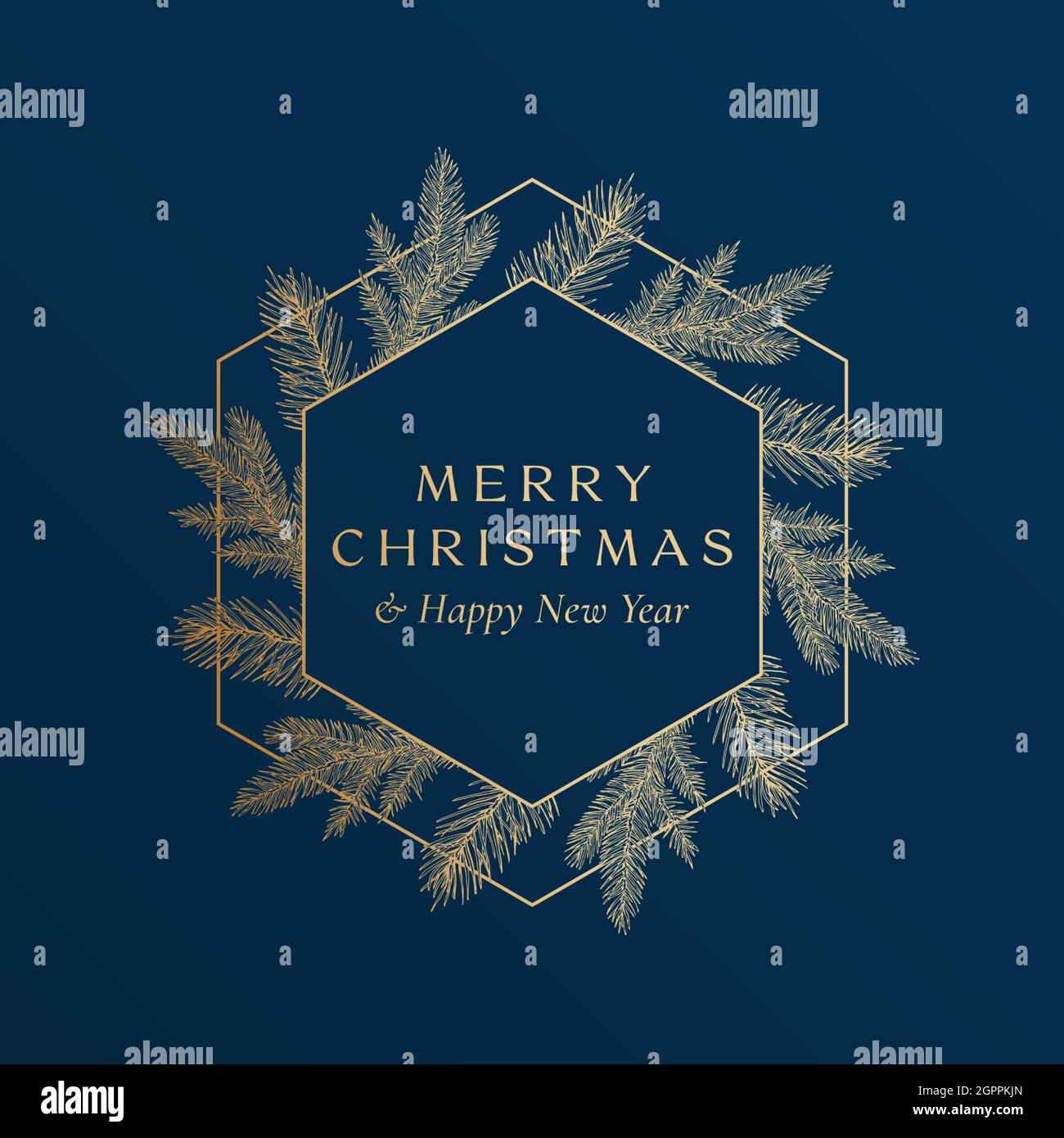 Christmas Greetings Golden Glitter Hexagon Frame Banner with Modern Typography and Hand Drawn Spruce Branches. Premium Quality New Year Sketch Card Stock Vector