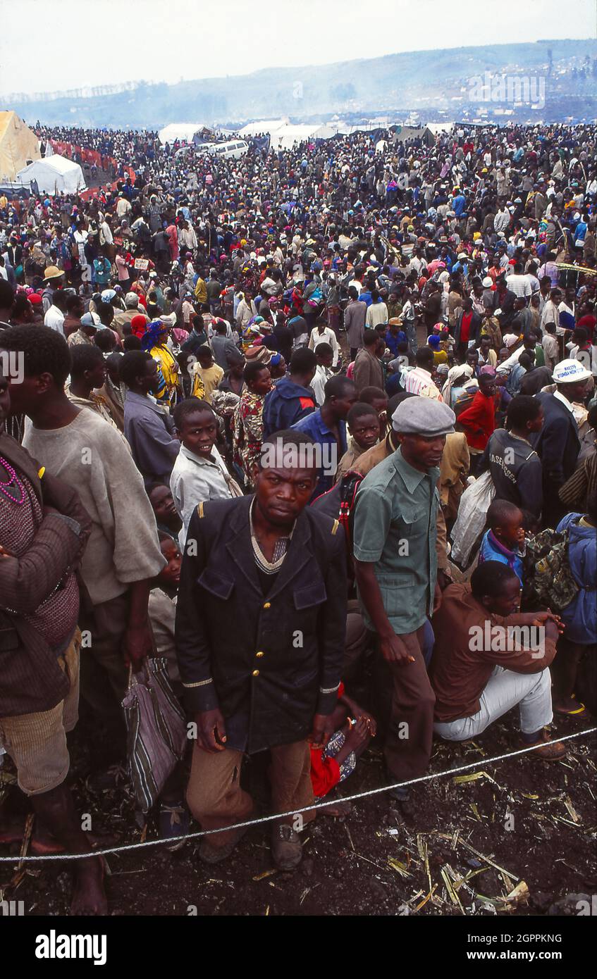 Rwandan refugees fleeing from the genocide and civil war in neighbouring Rwanda wait in a refugee camp in Goma in the Democratic Republic of Congo. Stock Photo