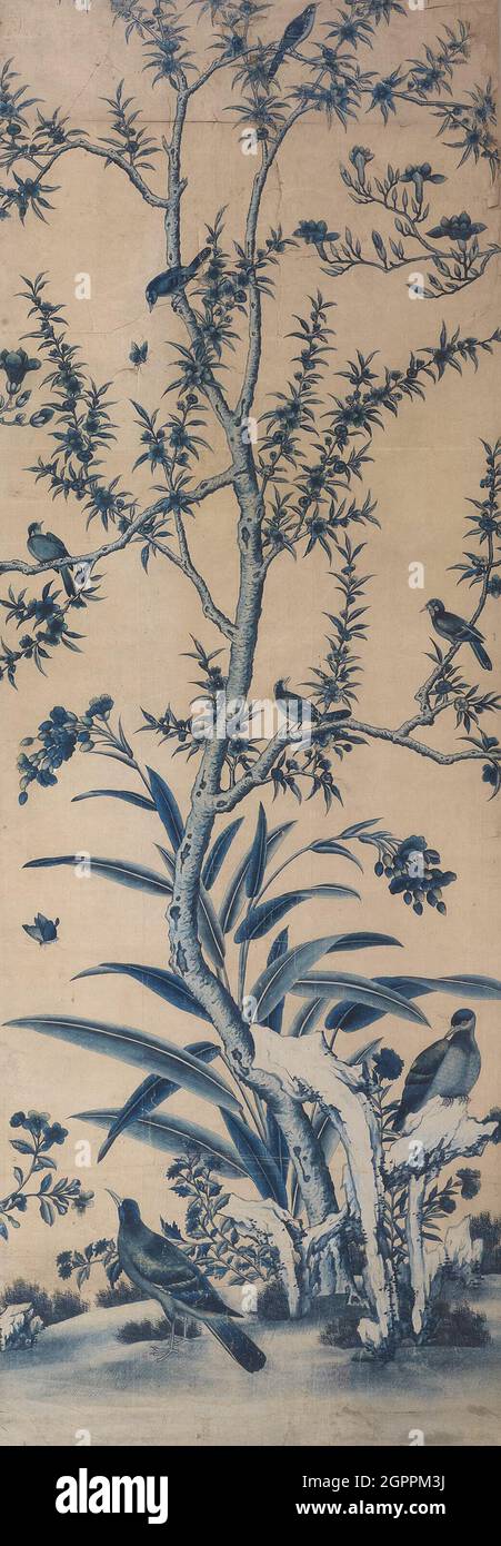 Wallpaper Panel with Birds and Flowering Trees, France, Late 18th/early 19th century. Stock Photo