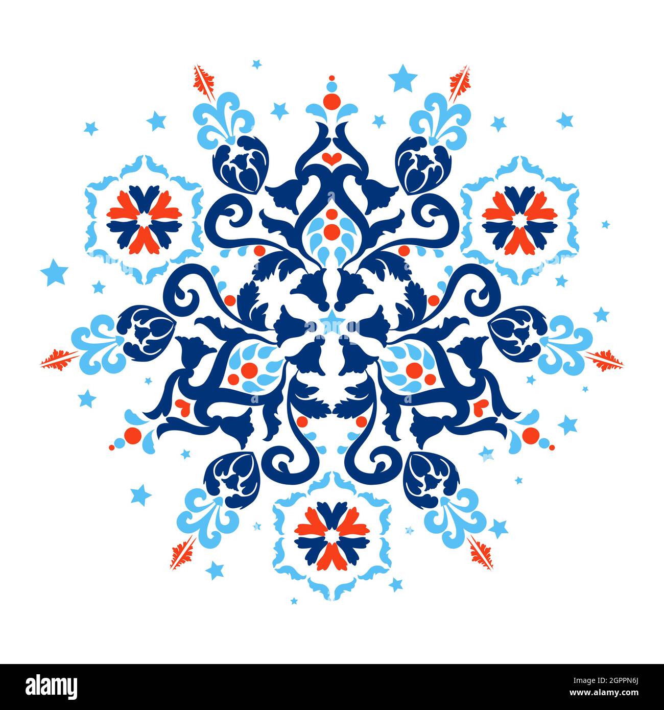 Classic vintage motif with floral elements. Arabesque ornament. Blue, red, white colors. Decorative tiles with ornaments. Vector illustration. Stock Vector
