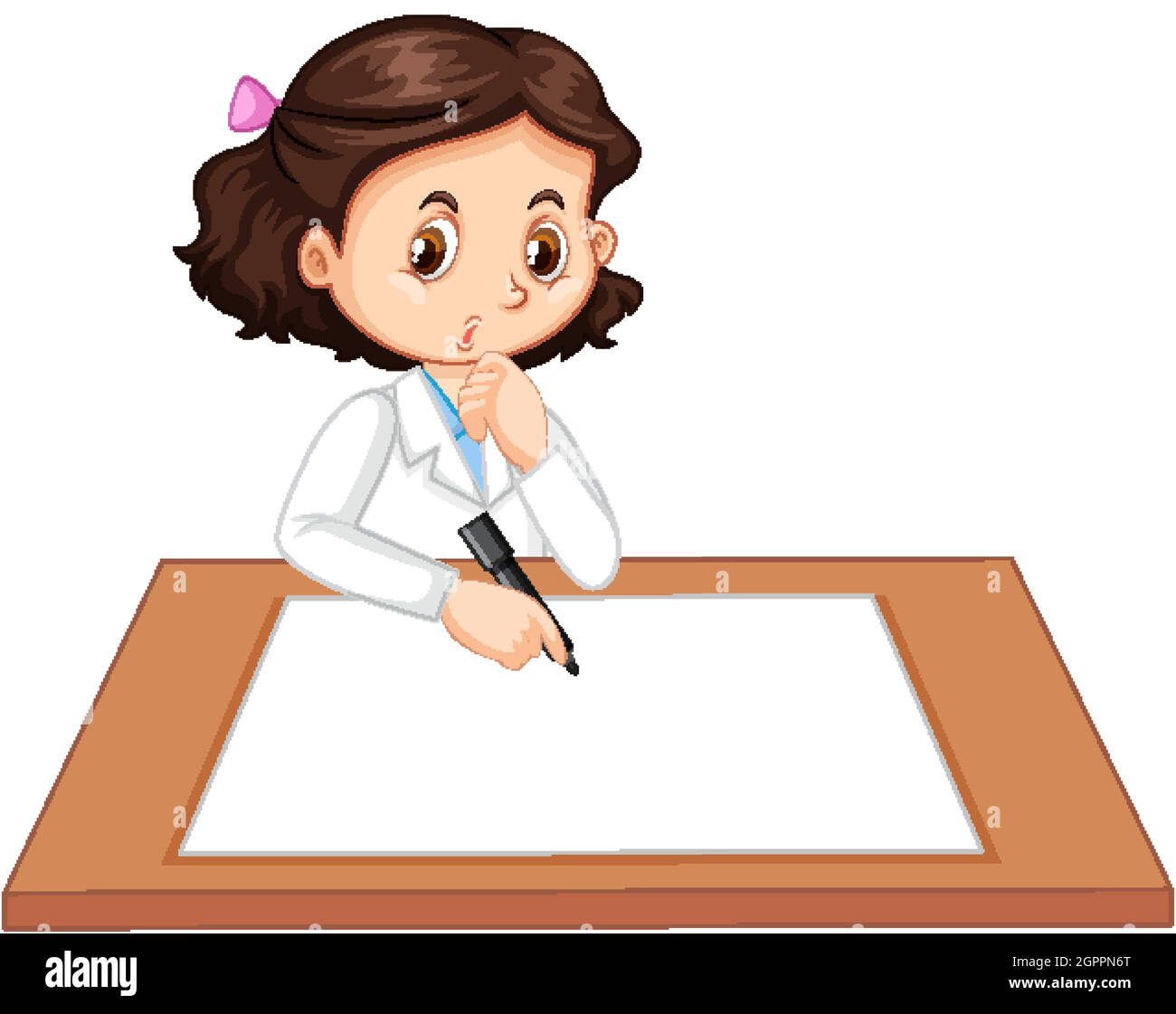 Cute girl wearing scientist uniform writing on blank paper Stock Vector
