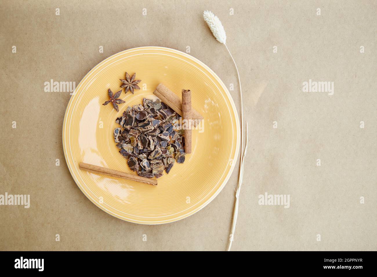 Plant-based alternative - natural carob. Organic antioxidants and protein. Copy space. Decoration with cinnamon sticks and dried cloves. Top view. High quality photo Stock Photo