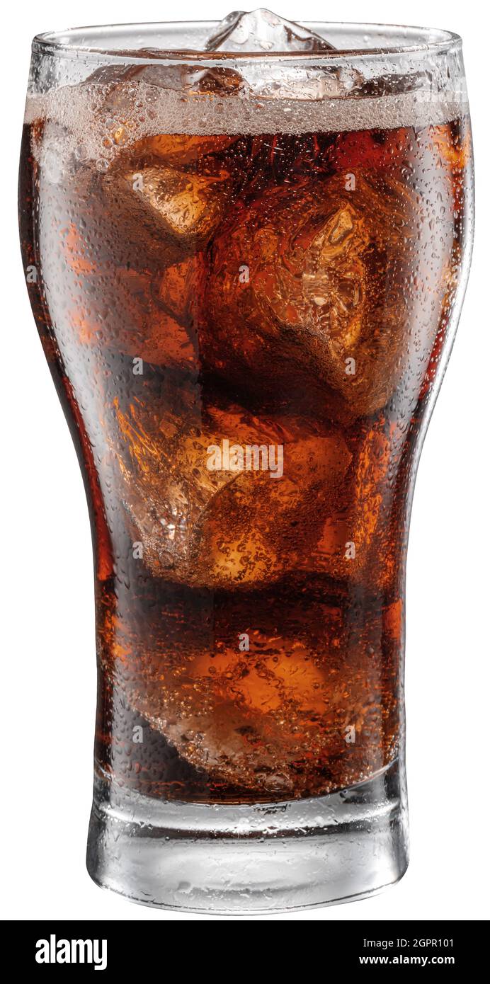 Cold glass of cola drink with ice cubes isolated on white background ...