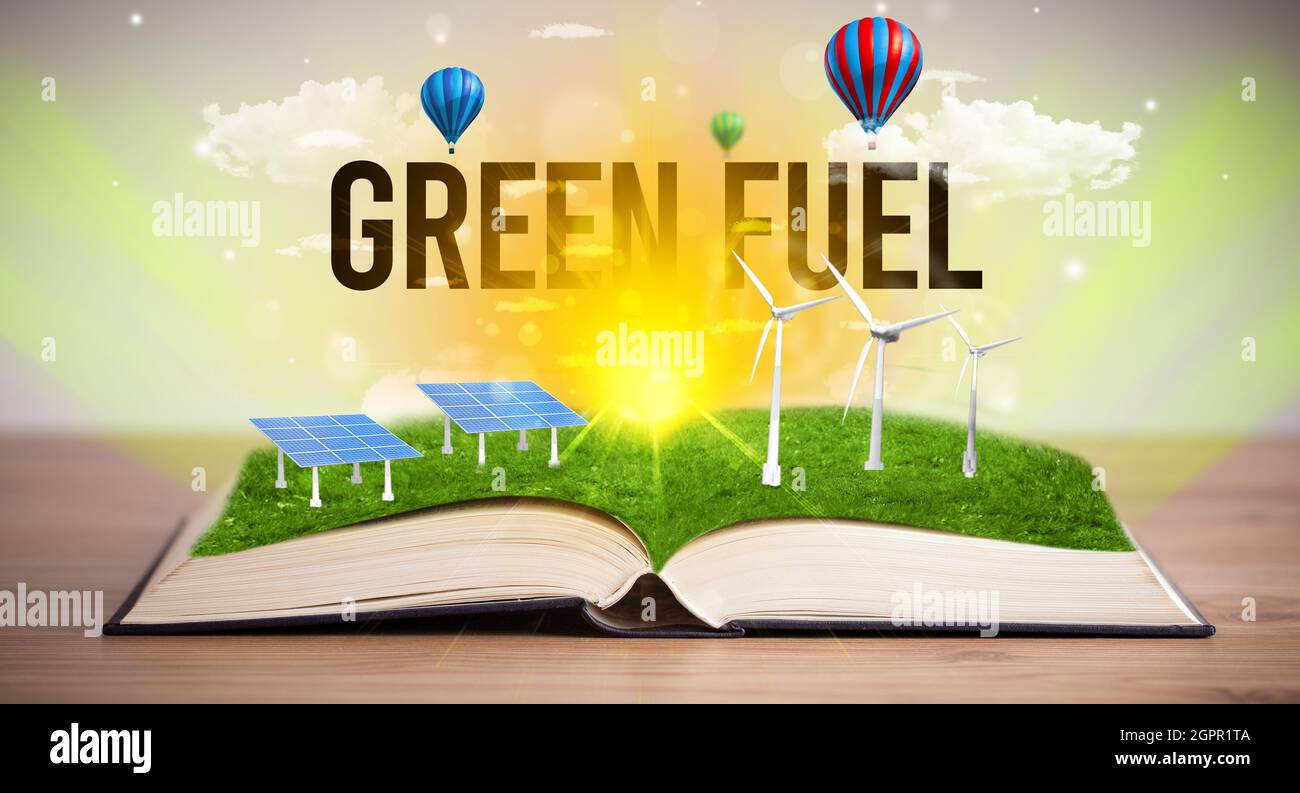 Open book, renewable energy concept Stock Photo