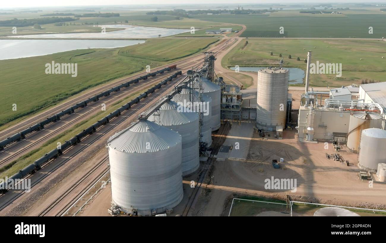 Aerial view of an ethanol production plant and rail depot in South