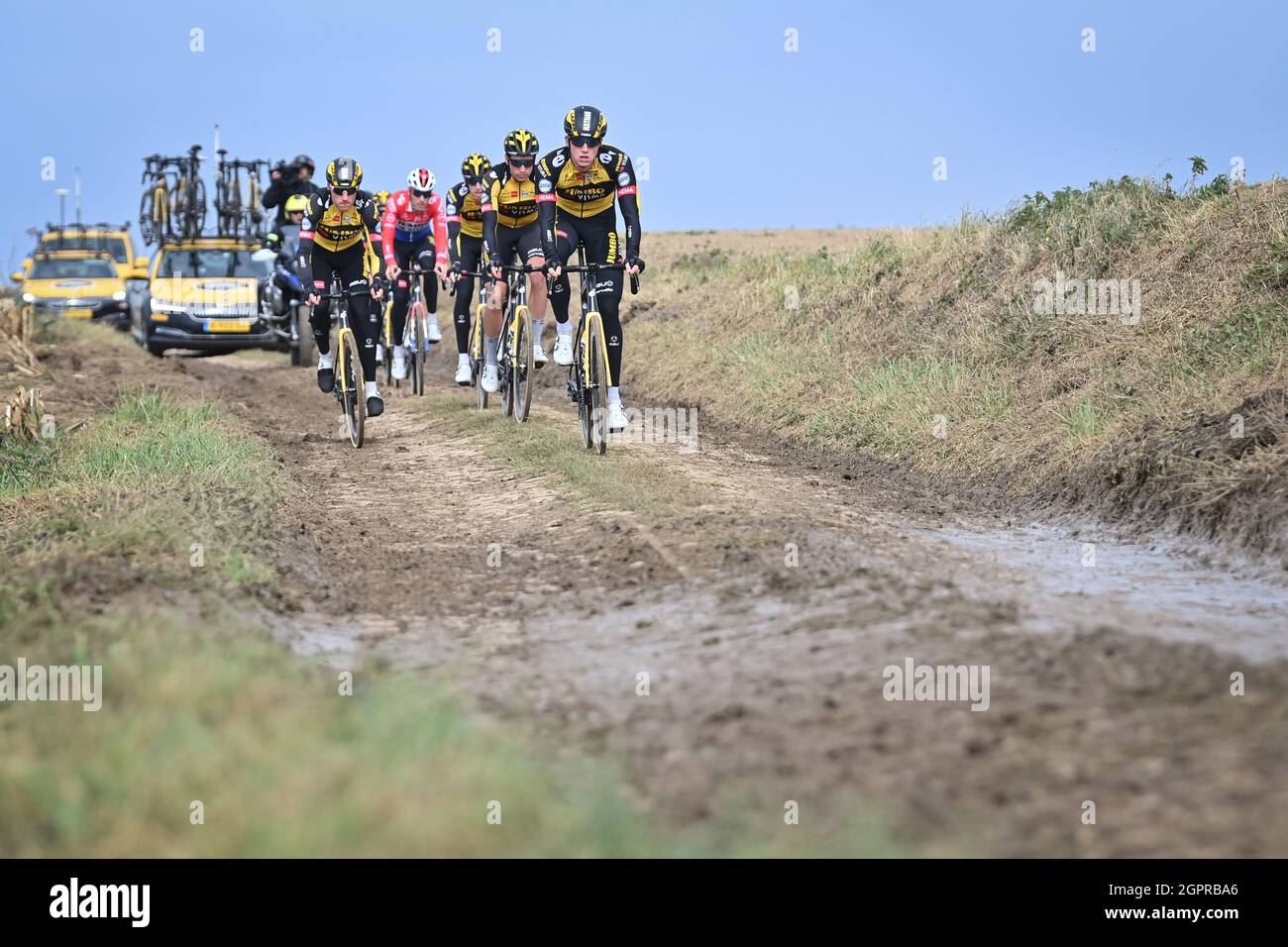 Team Jumbo-Visma riders pictured in action during a training session ahead of the 118th edition of the 'Paris-Roubaix' one day cycling race, from Comp Stock Photo