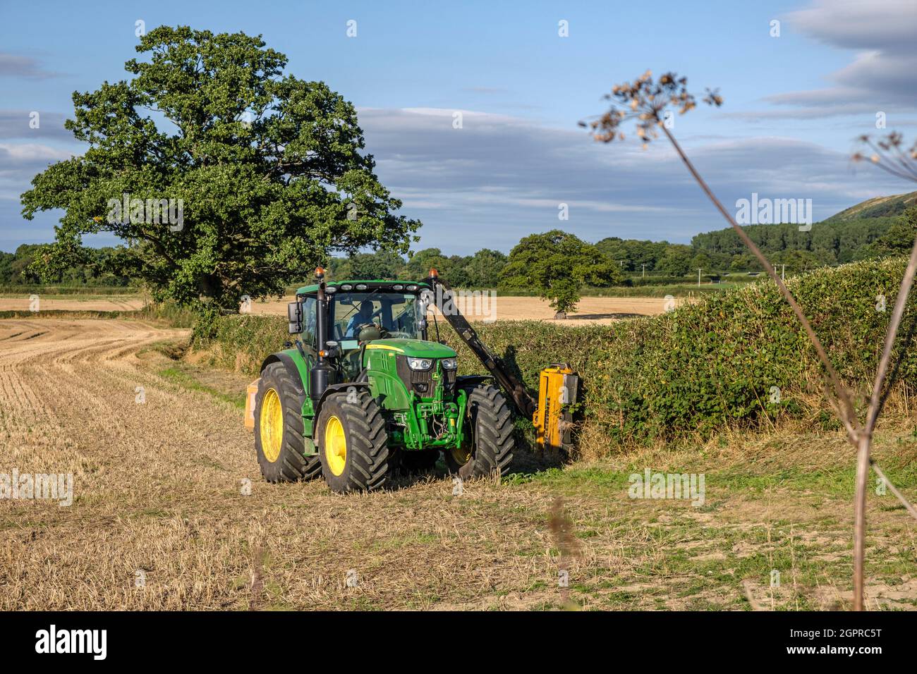 A farmer cutting a field hedge, near All Stretton, Shropshire Stock Photo