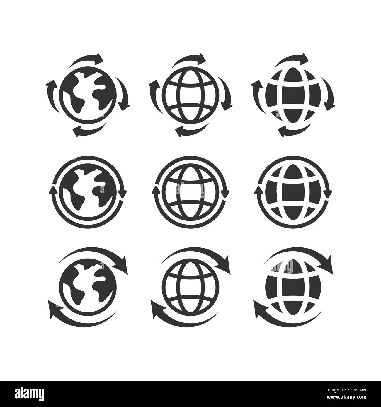Globe planet with arrows black vector icon set Stock Vector
