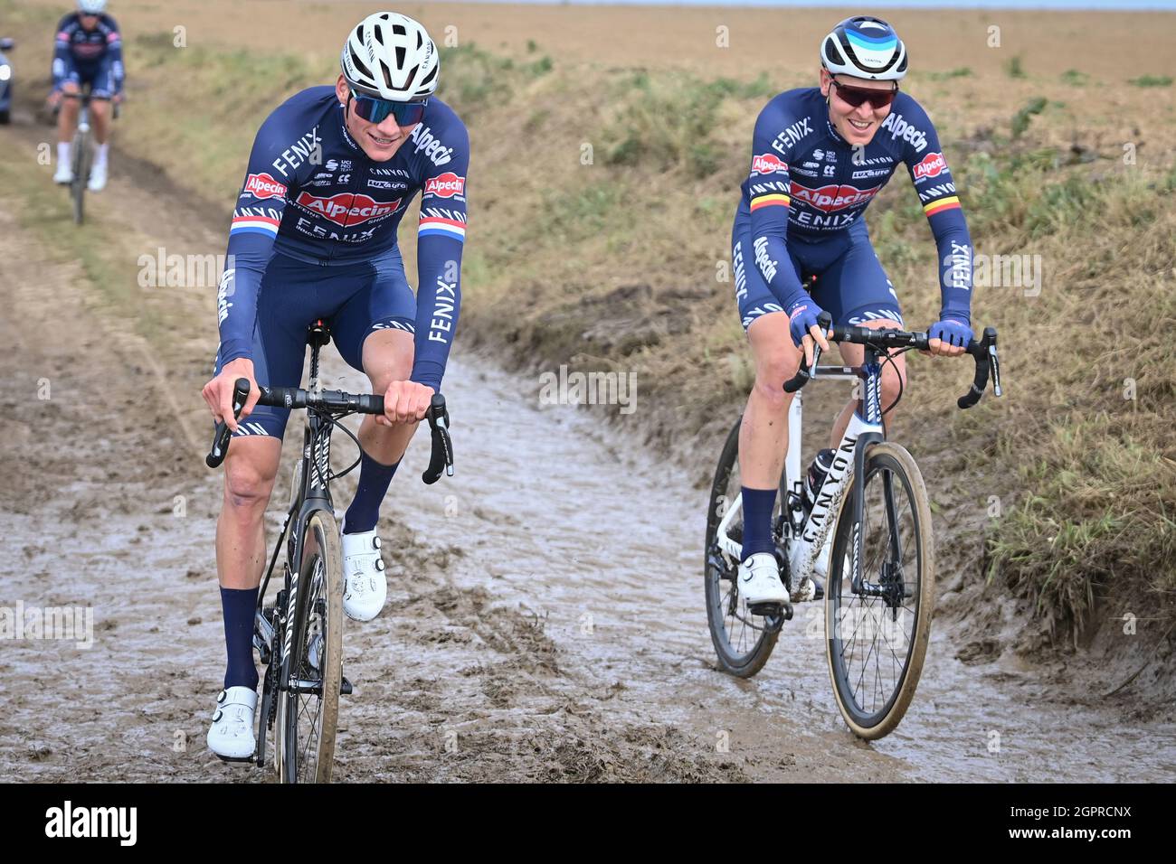 Dutch Mathieu van der Poel of Alpecin-Fenix and Belgian Tim Merlier of  Alpecin-Fenix pictured in action during a training session ahead of the  118th e Stock Photo - Alamy
