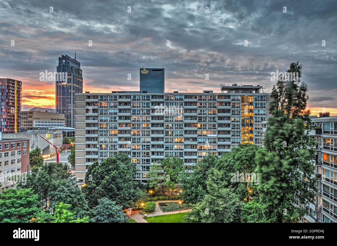 Rotterdam, The Netherlands, July 10, 2016: little park in Lijnbaan neighbourhood surrounded by residential buildings from the post-war reconstruction Stock Photo