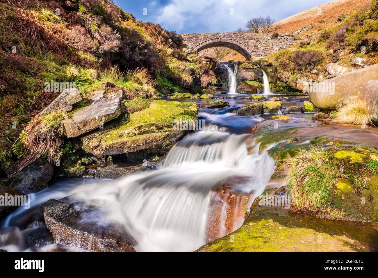Three Shires Bridge / Three Shire Heads - a meeting of packhorse routes at a bridge marking the junction of 3 counties, Peak District National Park Stock Photo