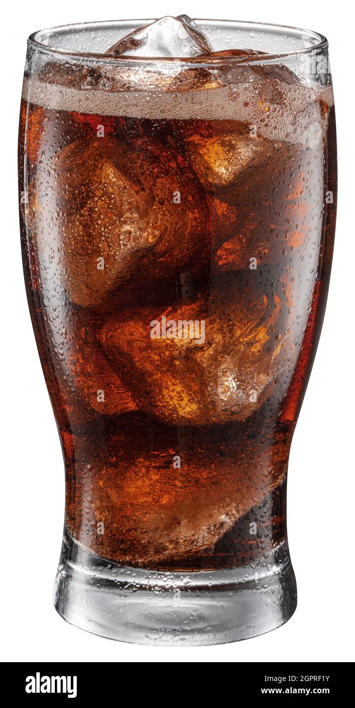 Cold glass of cola drink with ice cubes isolated on white background ...