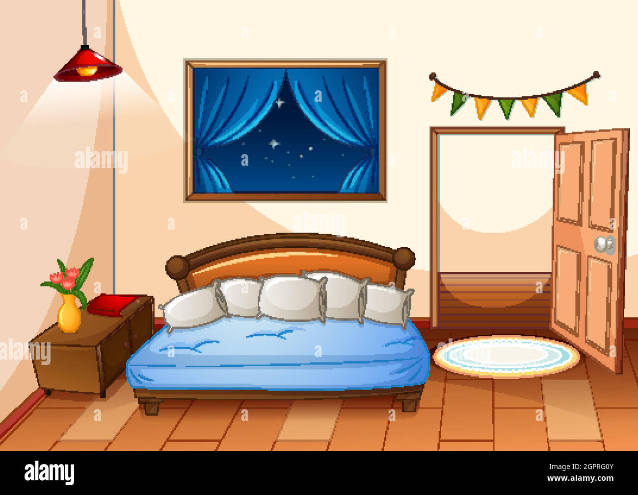 Bedroom cartoon style at night scene Stock Vector